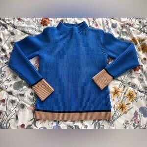 Ann Taylor Blue Ribbed Mock Neck Sweater XS Colorblock Trim
